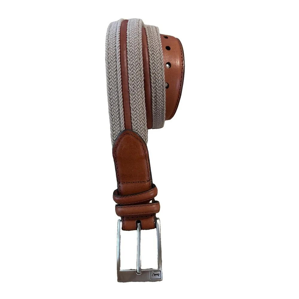 PGA Tour Tan Canvas Webbing Golf Belt Mens 34 Brown Leather Silver Buckle